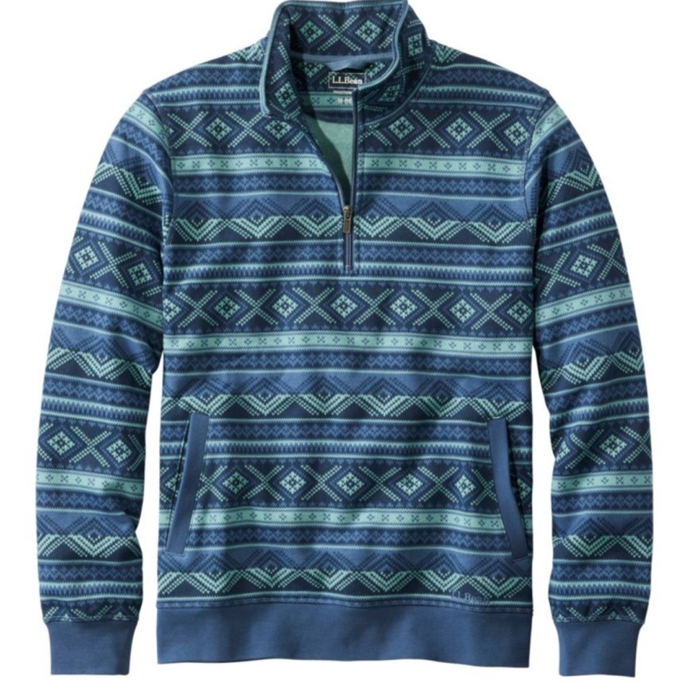 LL Bean Mens Athletic Quarter Zip Pullover Sweatshirt Blue Aztec